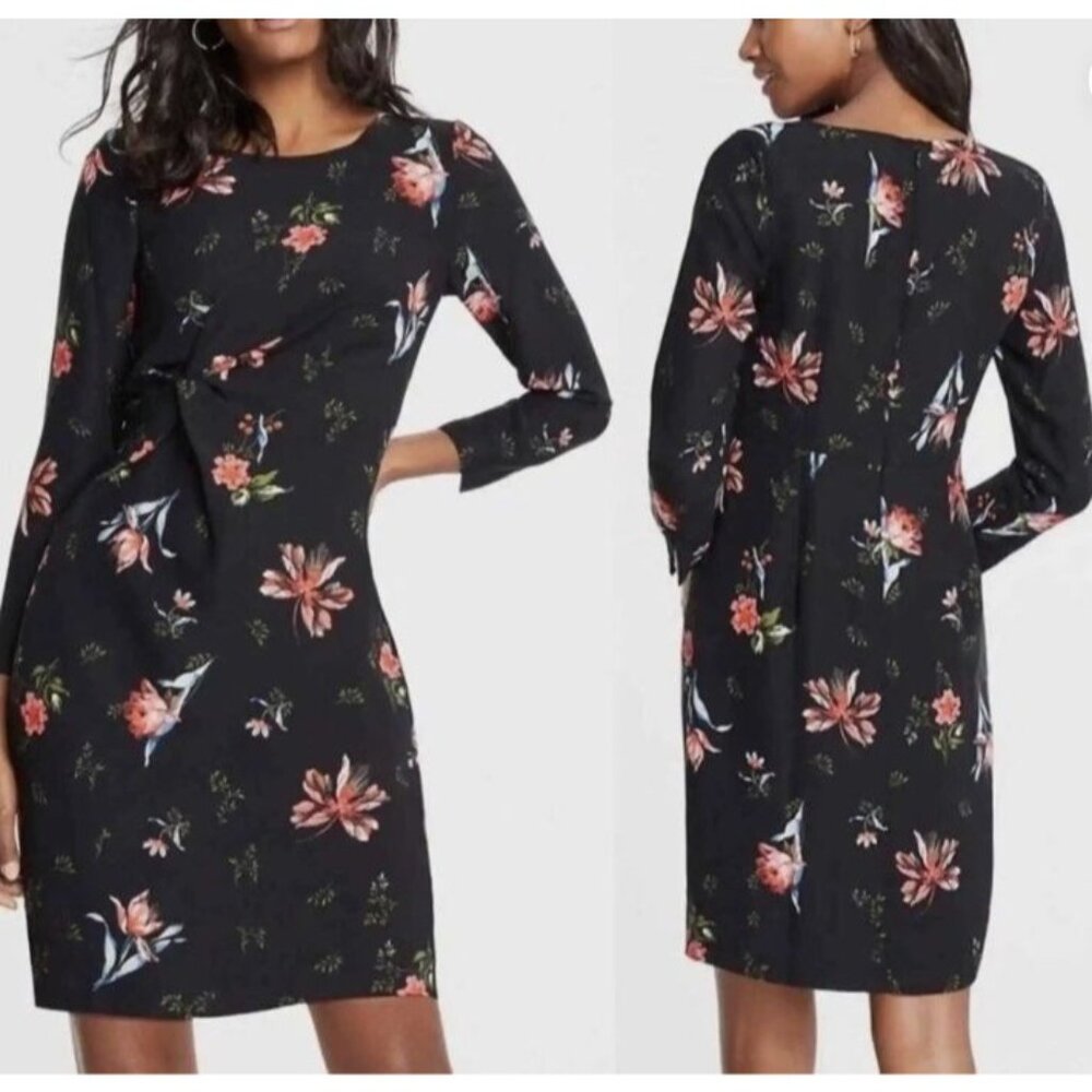 Ann Taylor Womens 4 Garden Knotted‎ Floral Black Long Sleeve Dress